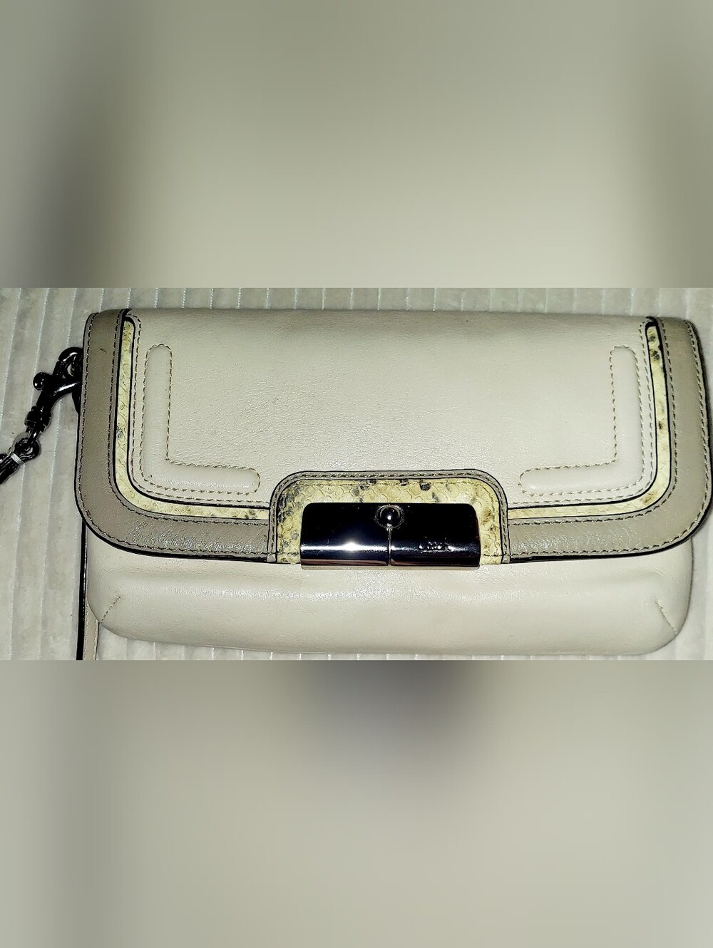 Coach  Vintage KRISTEN Cream Leather & Snakeskin Wristlet with Silver Hardware